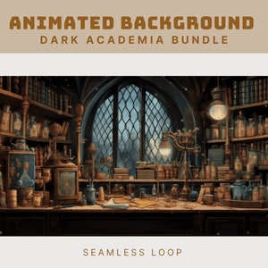 May include: Animated background featuring a dark academia study with a large window, bookshelves filled with books and bottles, a desk with various objects, and a clock. The background is a seamless loop.
