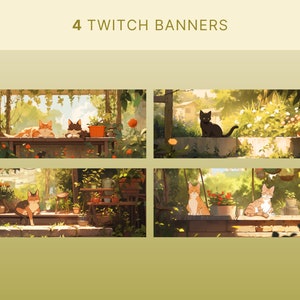 May include: Four digital illustrations of cats in a garden setting. The first image shows two cats sitting on a wooden bench. The second image shows a black cat sitting on a stone wall. The third image shows a cat sitting on a stone step. The fourth image shows two cats sitting on a stone ledge.