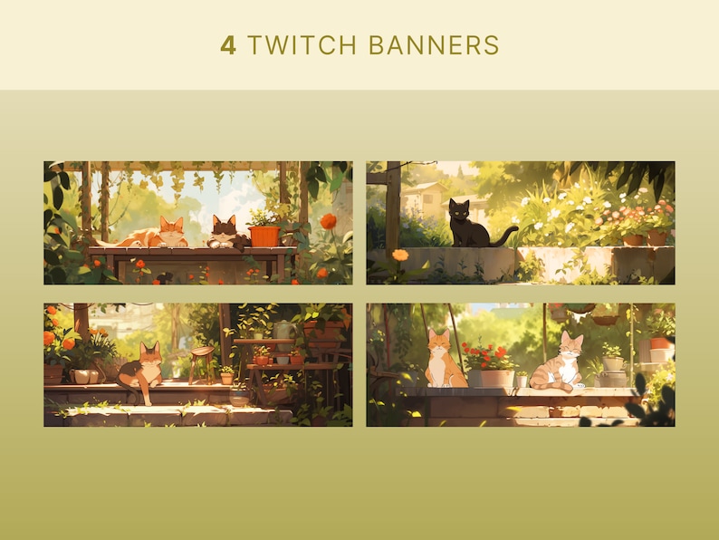 May include: Four digital illustrations of cats in a garden setting. The first image shows two cats sitting on a wooden bench. The second image shows a black cat sitting on a stone wall. The third image shows a cat sitting on a stone step. The fourth image shows two cats sitting on a stone ledge.