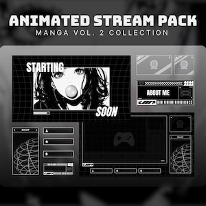 Puede incluir: Paquete de transmisión animada en blanco y negro con tema manga. El diseño incluye un diseño de cuadrícula con una chica de estilo manga soplando una burbuja y el texto "Starting Soon". También incluye secciones "About Me" y chat.