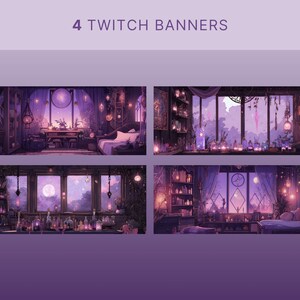 K&ouml;nnte beinhalten: Vier digitale Illustrationen eines violetten und blauen Raumes mit einem gro&szlig;en Fenster, einem Bett und einem B&uuml;cherregal. Der Raum ist mit Kerzen, Pflanzen und anderen magischen Gegenst&auml;nden dekoriert. Das Fenster blickt auf einen Wald mit einem Vollmond am Himmel.
