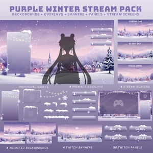 May include: Purple winter stream pack with animated backgrounds, overlays, banners, and panels. The pack features a snowy village scene with a silhouette of a person in the centre. The text "PURPLE WINTER STREAM PACK" is at the top of the image. The text "STARTING SOON", "BE RIGHT BACK", and "STREAM SUBS" are on the right side of the image. The text "INDIVIDUAL ASSETS", "4 PREMADE OVERLAYS", and "4 STREAM SCREENS" are in the middle of the image. The text "ABOUT ME", "SOCIALS", "EVOTES", and "SCHEDULE" are on the bottom right of the image. The text "4 ANIMATED BACKGROUNDS", "4 TWITCH BANNERS", and "35 TWITCH PANELS" are at the bottom of the image.