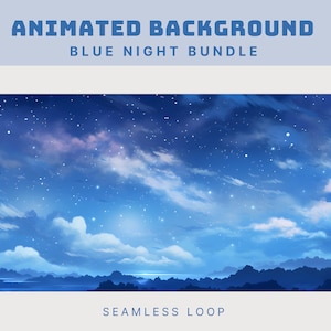 May include: A seamless loop animation of a blue night sky with white clouds and stars. The horizon is a dark silhouette of trees and a body of water.