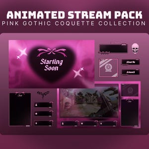 May include: Animated stream pack in a pink gothic coquette style. The design includes a heart with the text "Starting Soon", a skull, and various chat and information boxes. The color scheme is primarily pink and black.