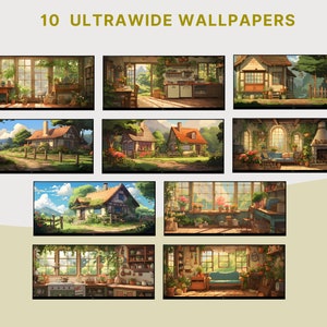 May include: A collection of 10 ultra-wide wallpapers featuring cozy cottage scenes. The images depict various rooms and exteriors of a charming cottage, including a kitchen, living room, and garden. The wallpapers are perfect for adding a touch of rustic charm to any digital device.