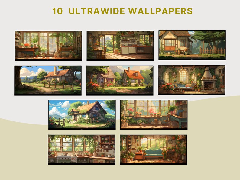 May include: A collection of 10 ultra-wide wallpapers featuring cozy cottage scenes. The images depict various rooms and exteriors of a charming cottage, including a kitchen, living room, and garden. The wallpapers are perfect for adding a touch of rustic charm to any digital device.