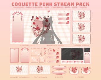 May include: A pink and white digital stream pack with a cherry and cake theme. The pack includes animated backgrounds, overlays, banners, panels, stream screens, alerts, and transitions.