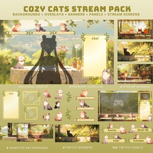 May include: A digital illustration of a stream pack featuring a cozy cat theme. The pack includes backgrounds, overlays, banners, panels, and stream screens. The image features a variety of cute cats in different poses and settings. The text "Cozy Cats Stream Pack" is displayed at the top of the image.