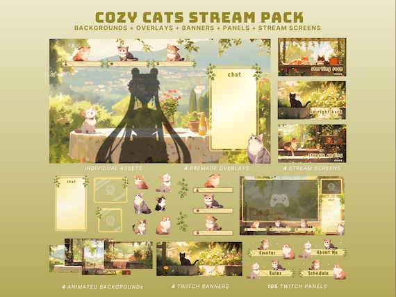 cozy cats twitch overlay summer vtuber background cats overlay twitch animated background cat banner green stream package cozy stream screen