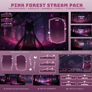 Pacote de fluxo rosa animado plano de fundo vtuber sobreposição de twitch rosa gótico banner twitch rosa pacote de fluxo de halloween telas animadas rosa