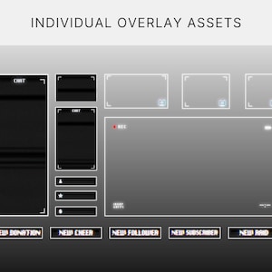 May include: Digital overlay assets for streaming, featuring a dark theme with white accents. Includes chat boxes, camera frames, and notification buttons labeled "New Donation," "New Cheer," "New Follower," "New Subscriber," and "New Raid."