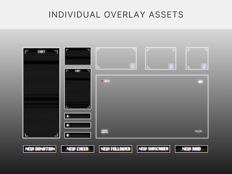 May include: Digital overlay assets for streaming, featuring a dark theme with white accents. Includes chat boxes, camera frames, and notification buttons labeled "New Donation," "New Cheer," "New Follower," "New Subscriber," and "New Raid."
