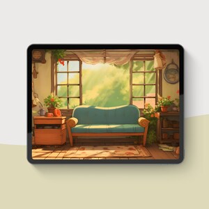 May include: A teal blue couch with wooden arms sits in a room with a large window, a wooden side table, and potted plants. Sunlight streams through the window, illuminating the room.