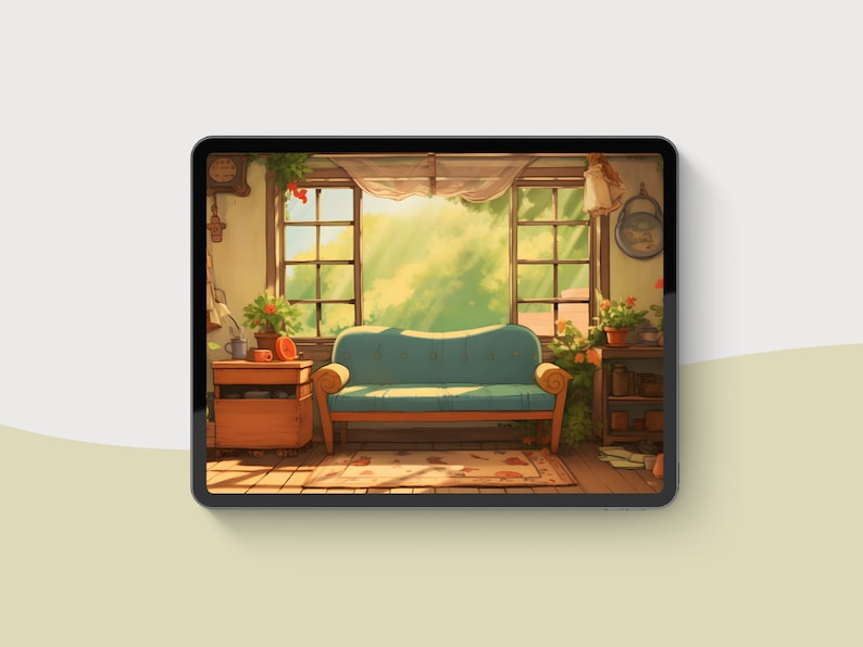 May include: A teal blue couch with wooden arms sits in a room with a large window, a wooden side table, and potted plants. Sunlight streams through the window, illuminating the room.