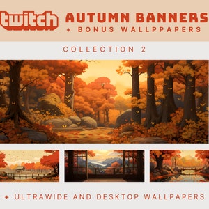 Puede incluir: Imagen promocional para Twitch con banners y fondos de pantalla con temática otoñal. El diseño muestra una vibrante escena de bosque otoñal con follaje naranja y amarillo. Imágenes adicionales incluyen un puente sobre un río y una vista panorámica.