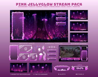 pink twitch overlay animated underwater stream pack for vtubers and streamers cute jellyfish stinger obs stream package pink glowing stream