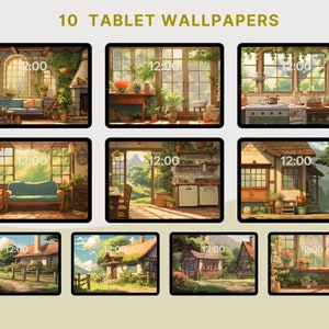 May include: Ten digital tablet wallpapers featuring illustrations of a cozy cottage with a green roof, windows, and a path leading to the front door. The illustrations are set in a rural landscape with lush greenery and blue skies.