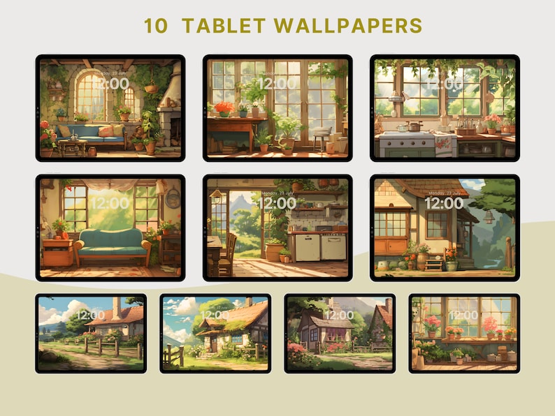 May include: Ten digital tablet wallpapers featuring illustrations of a cozy cottage with a green roof, windows, and a path leading to the front door. The illustrations are set in a rural landscape with lush greenery and blue skies.