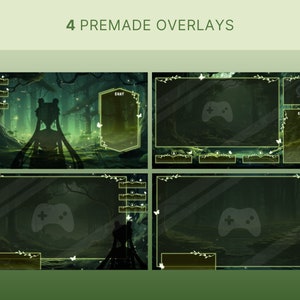 May include: Four premade overlays for streaming, featuring a dark green forest background with glowing butterflies, a chat box, and a game controller icon. The overlays are designed for use with streaming software.