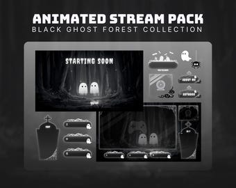 Puede incluir: Paquete de transmisión animada con un tema de bosque fantasma en blanco y negro. Incluye escenas animadas, superposiciones y paneles. La escena principal presenta dos personajes fantasma en un bosque oscuro con el texto "Starting Soon".