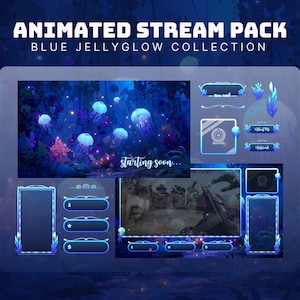 Peut inclure: Un pack de stream animé sur le thème des méduses bleues. La conception comprend divers éléments de superposition, tels que des cadres de webcam, des alertes et une scène avec des méduses lumineuses. Le texte "Animated Stream Pack" et "Blue Jellyglow Collection" sont affichés.