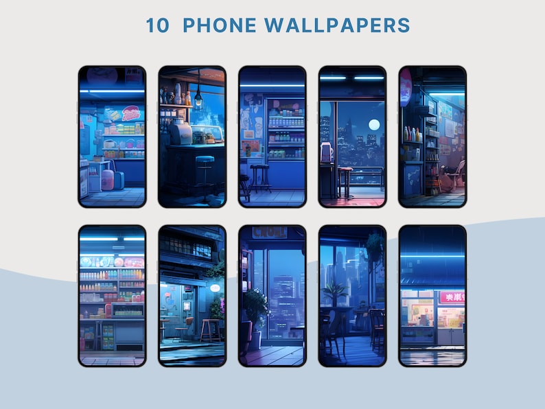 May include: Ten phone wallpapers featuring a variety of nighttime scenes in a Japanese city. The scenes include a convenience store, a cafe, and a rooftop with a view of the city skyline. The wallpapers are all in a blue and purple color scheme.