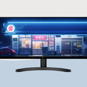 May include: A black computer monitor with a curved screen displaying a digital illustration of a storefront with neon blue lights and a red sign with the Chinese character for "spring".