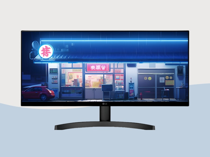 May include: A black computer monitor with a curved screen displaying a digital illustration of a storefront with neon blue lights and a red sign with the Chinese character for "spring".