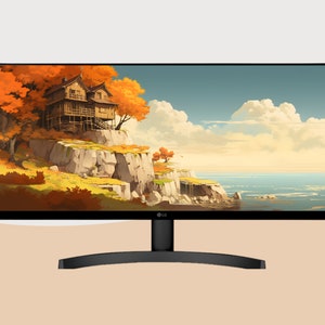 May include: A black computer monitor with a curved stand displays a scenic image of a house on a cliff overlooking a body of water. The sky is blue with white clouds and the water is a light blue.