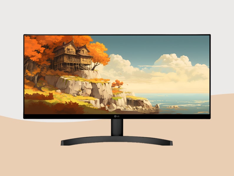 May include: A black computer monitor with a curved stand displays a scenic image of a house on a cliff overlooking a body of water. The sky is blue with white clouds and the water is a light blue.