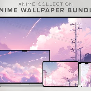 Pode incluir: Um conjunto de quatro papéis de parede de estilo anime que apresentam um céu rosa e roxo com nuvens e uma cidade. Os papéis de parede são projetados para diferentes tamanhos de tela, incluindo um monitor de desktop, um laptop, um tablet e um smartphone.
