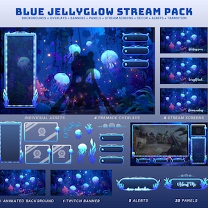 Peut inclure: Un pack d'art numérique intitulé "BLUE JELLYGLOW STREAM PACK" avec des arrière-plans, des superpositions, des bannières, des panneaux, des écrans de diffusion, des décorations, des alertes et des transitions. Le design présente un thème sous-marin bleu et violet avec des méduses et des accents lumineux.