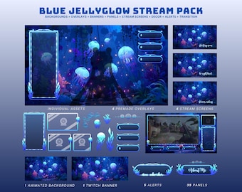 blue twitch overlay package cute underwater jellyfish stream pack blue animated stinger cozy underwater twitch pack for streamers and vtuber