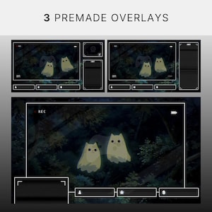 May include: Three premade overlays for streaming, featuring a forest background and two cartoon ghost cats. The overlays have a black frame with various icons and the text "REC".
