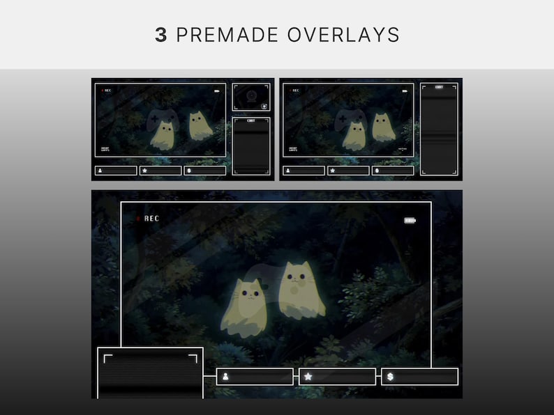May include: Three premade overlays for streaming, featuring a forest background and two cartoon ghost cats. The overlays have a black frame with various icons and the text "REC".
