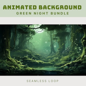 Peut inclure: Fond d'écran animé représentant une forêt luxuriante et verte de nuit avec une pleine lune, des lucioles brillantes et un petit étang. L'arrière-plan est une boucle sans fin.
