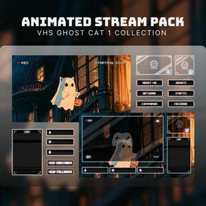 vhs ghost stream-paket animerat katt-twitch-överlägg halloween ghost stream-skärmar för streamer och vtuber retro vhs twitch-paket