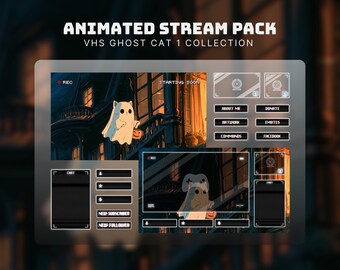 Paquete de transmisión de fantasmas VHS, superposición animada de gato para Twitch, pantallas de transmisión de fantasmas de Halloween para streamers y vtubers, paquete retro VHS para Twitch