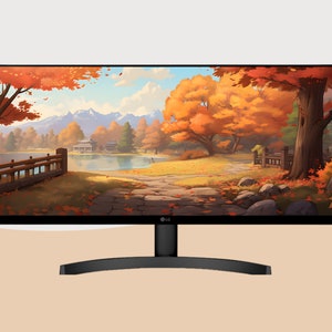 May include: A black curved monitor with a thin bezel displaying a digital painting of a fall landscape with a lake, trees, and a stone path.