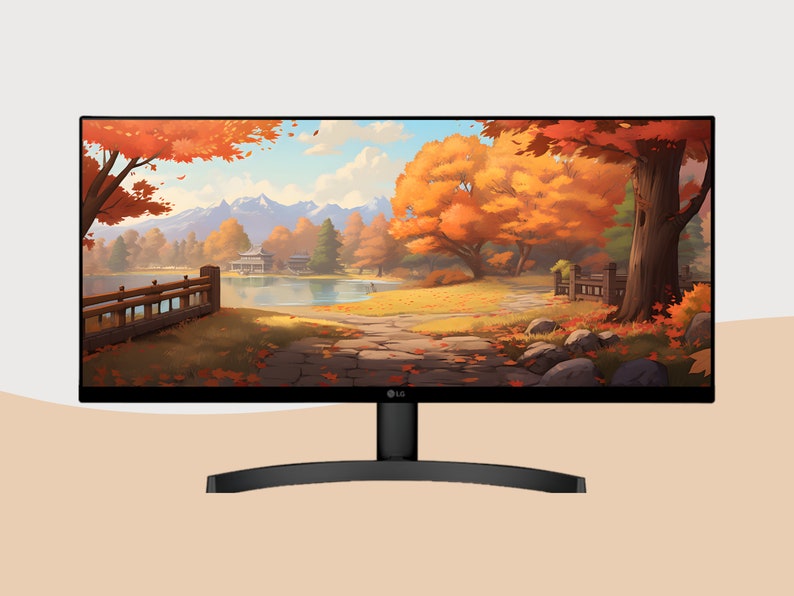 May include: A black curved monitor with a thin bezel displaying a digital painting of a fall landscape with a lake, trees, and a stone path.