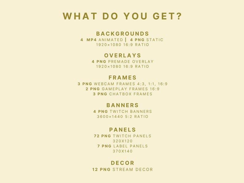 May include: A graphic with the text "What do you get?" and a list of digital assets for streaming, including backgrounds, overlays, frames, banners, panels, and decor. The assets are listed with their file type, quantity, dimensions, and aspect ratio.