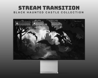 May include: A computer monitor displays a black and white digital art scene. The image features a haunted castle, bats, and trees, with the text "STREAM TRANSITION BLACK HAUNTED CASTLE COLLECTION" at the top.