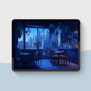 Pode incluir: Uma vista noturna de um horizonte urbano do interior de um caf&eacute;. O caf&eacute; tem um bar, mesas e cadeiras. As janelas s&atilde;o grandes e mostram as luzes da cidade.