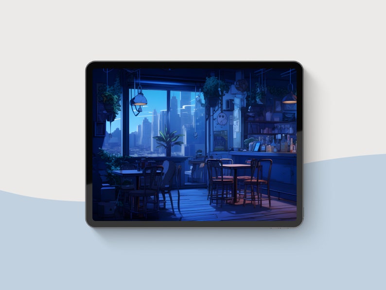 Pode incluir: Uma vista noturna de um horizonte urbano do interior de um caf&eacute;. O caf&eacute; tem um bar, mesas e cadeiras. As janelas s&atilde;o grandes e mostram as luzes da cidade.