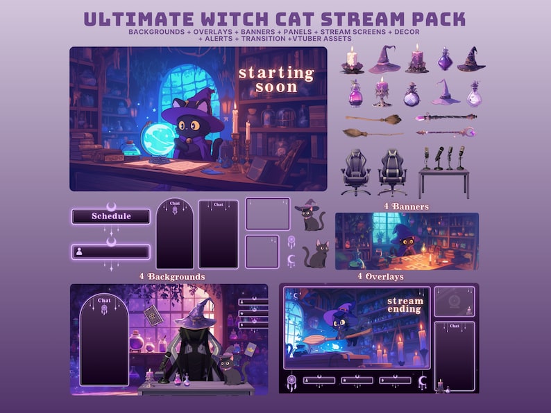 May include: A purple and black themed Twitch stream pack featuring a witch cat character. The pack includes backgrounds, overlays, banners, panels, stream screens, decor, alerts, transitions, and VTuber assets. The text "starting soon" and "stream ending" are included in the pack.
