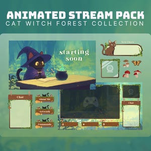 witch stream pack green cozy cat twitch overlay cozy forest twitch overlay witch asset green twitch pack halloween stream overlay magic cat