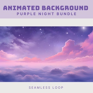 Puede incluir: Fondo animado con un cielo nocturno morado y rosa con nubes y estrellas. El texto "Seamless Loop" está en la parte inferior de la imagen.