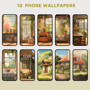 May include: Ten phone wallpapers featuring different scenes of houses and windows with a clock displaying 12:00. The scenes include a kitchen, a living room, a bedroom, and a garden.