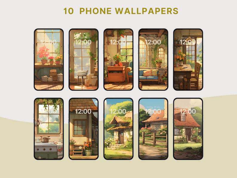 May include: Ten phone wallpapers featuring different scenes of houses and windows with a clock displaying 12:00. The scenes include a kitchen, a living room, a bedroom, and a garden.