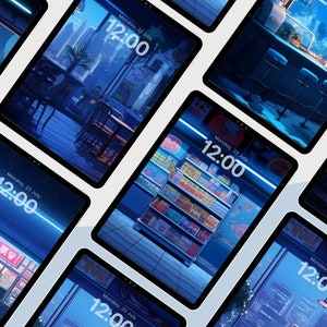 Pode incluir: Uma cole&ccedil;&atilde;o de pap&eacute;is de parede digitais para telefone que apresentam v&aacute;rias cenas de uma cidade &agrave; noite. Cada papel de parede tem uma combina&ccedil;&atilde;o de cores azul e branco e mostra a hora como 12:00. O texto nos pap&eacute;is de parede diz "Segunda-feira, 23 de julho".